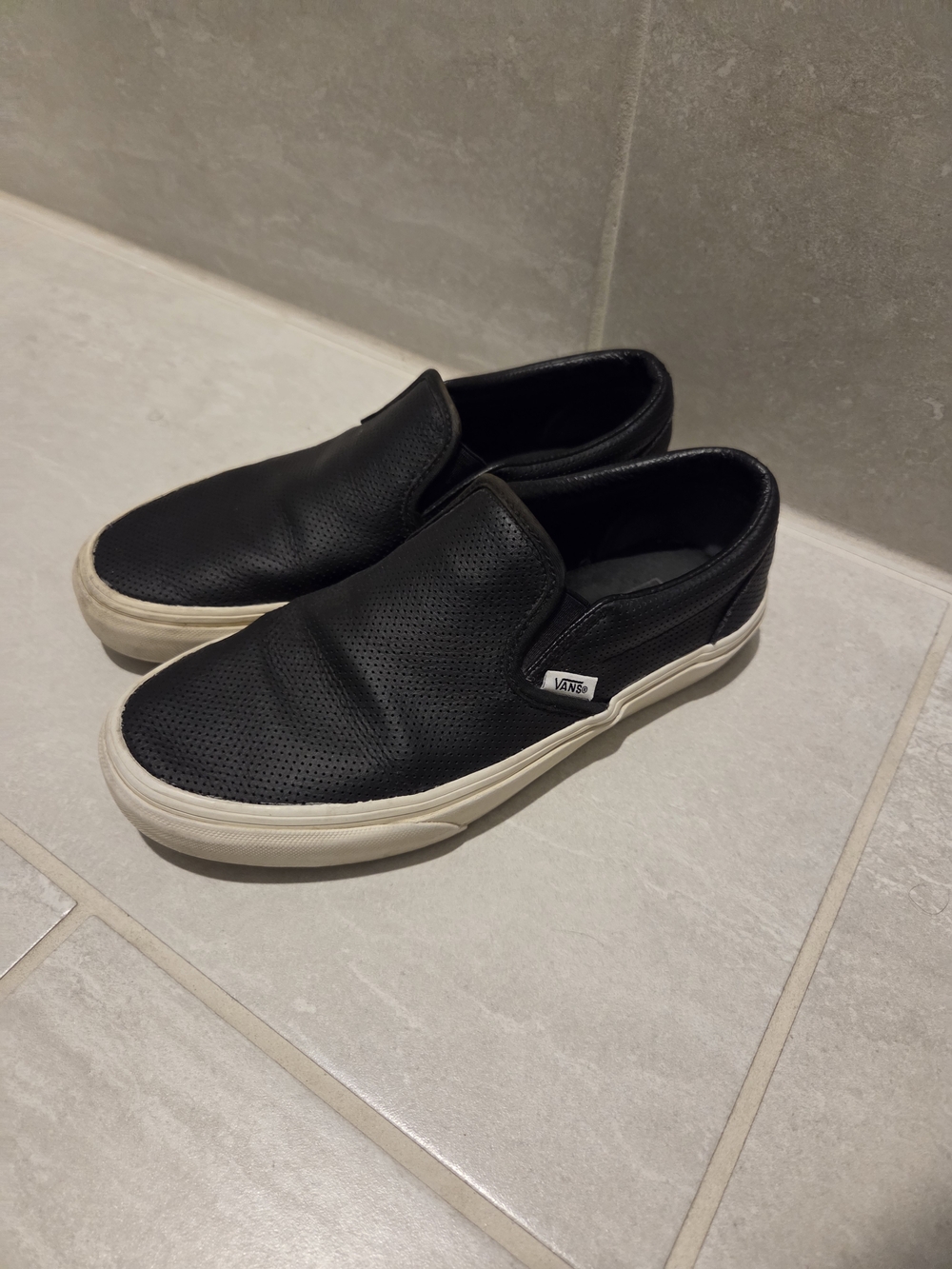 Vans Black Perforated Leather Slip-On Sneakers with Off-White Sole 7 Women